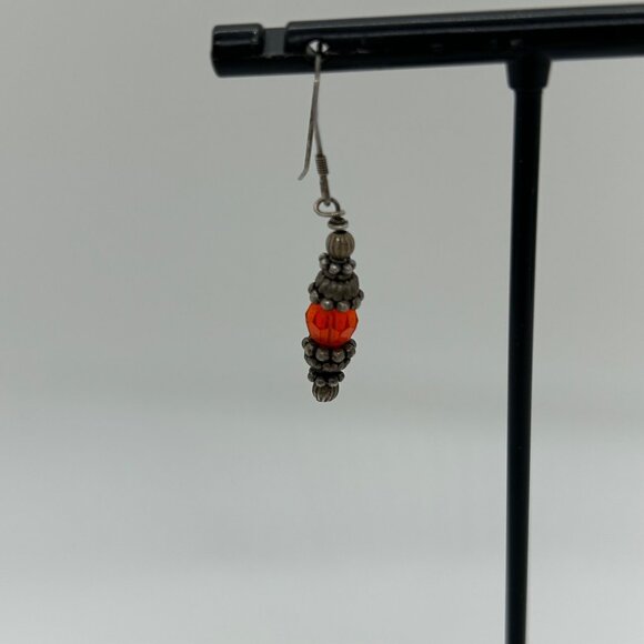 Sterling Silver Earrings Glass Orange and Silver Beads Pierced Dangle Vintage - Picture 4 of 13